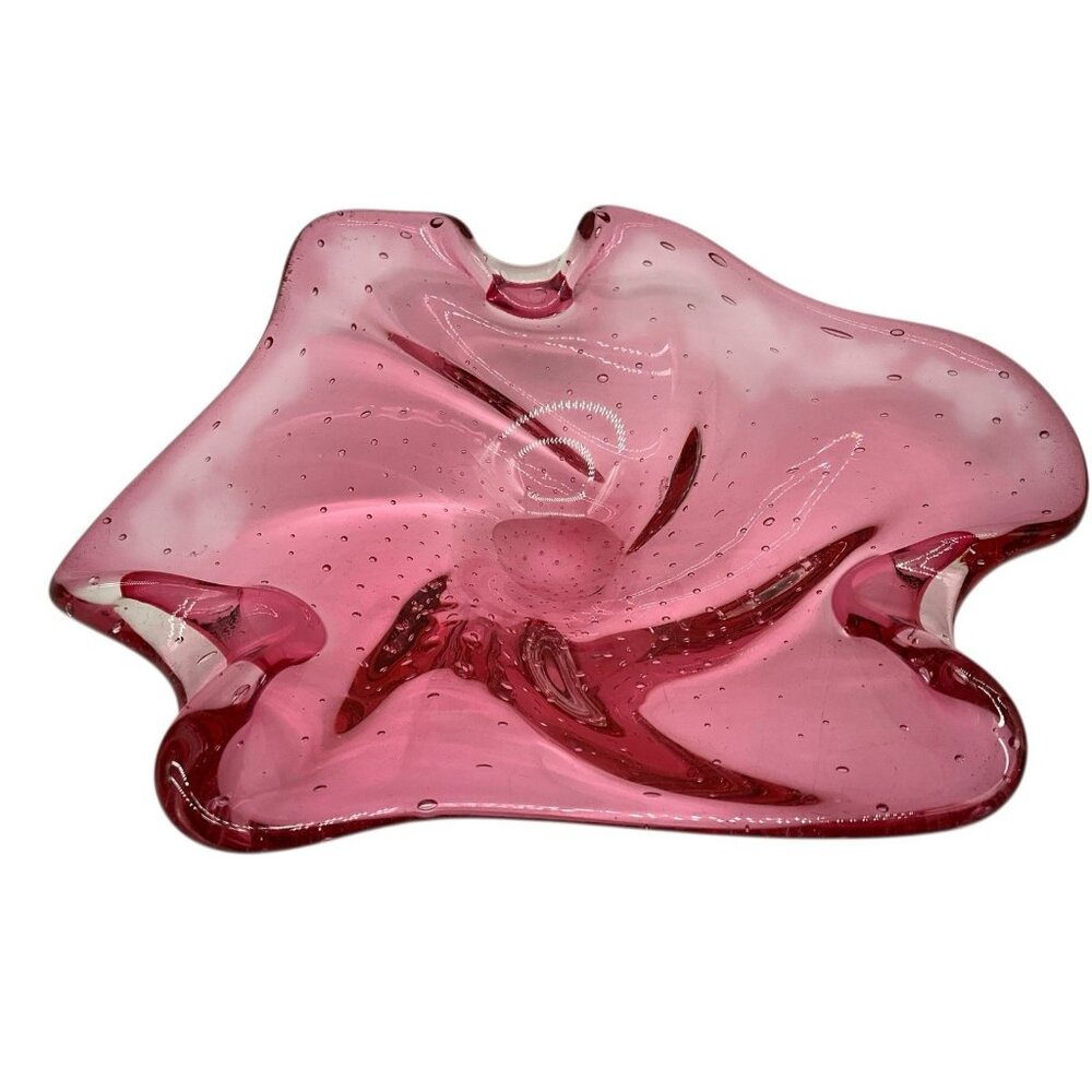 Czech Republic Vintage Art Glass Pink Bowl/Dish Hand Blown w/ Controlled Bubbles